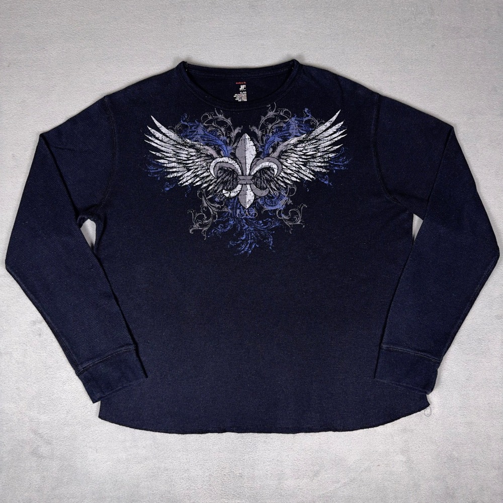 Y2K JF J Ferrar Fleur De Lis Cross Wings Thermal‎ Long Sleeve Mens XL Navy